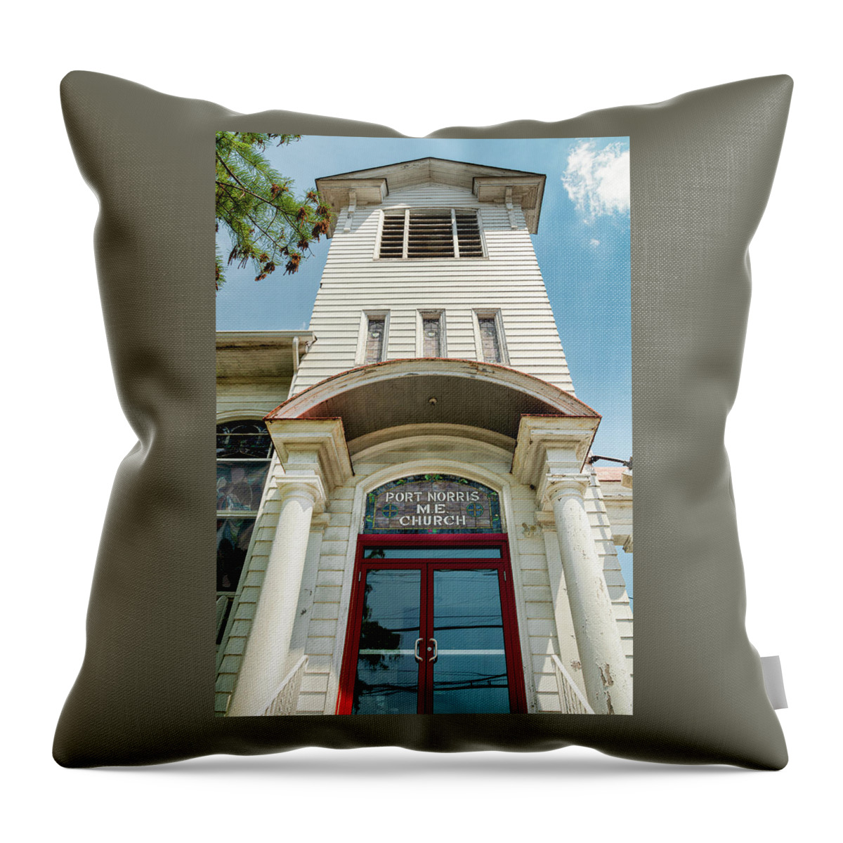 Port Norris Throw Pillow featuring the photograph Port Norris Methodist Church Entrance by Kristia Adams