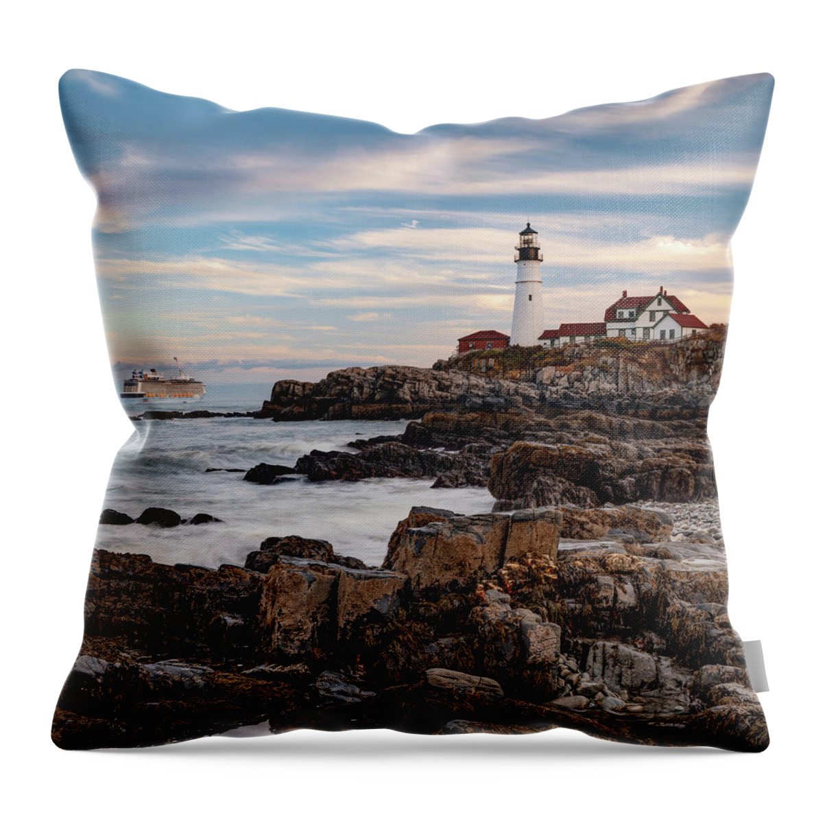 Portland Head Light Throw Pillow featuring the photograph Portland Head Light and Cruise Ship - Cape Elizabeth Maine 1x1 by Gregory Ballos