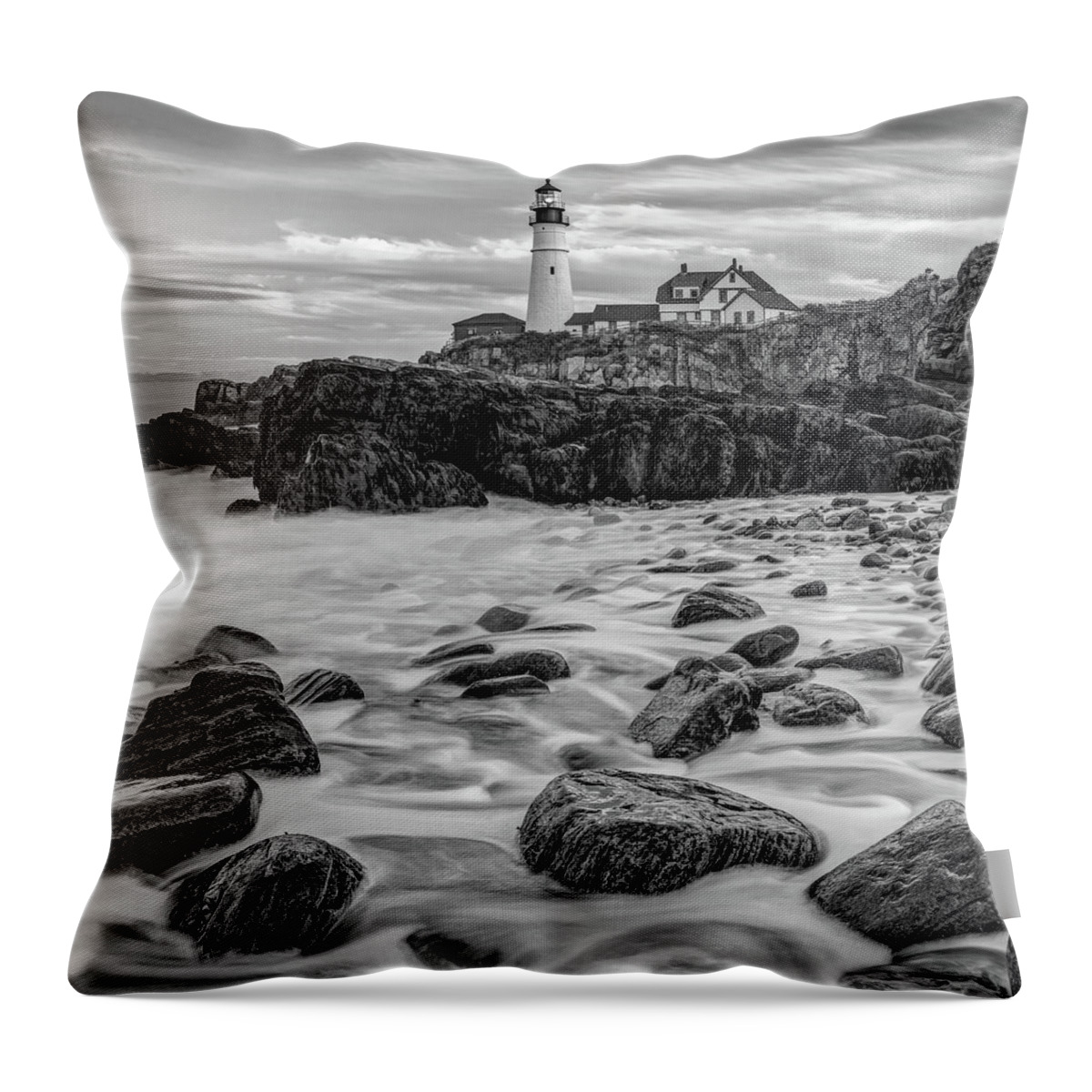 Portland Head Light Throw Pillow featuring the photograph Portland Head Light at Sunset On the Rocks - Black and White by Gregory Ballos