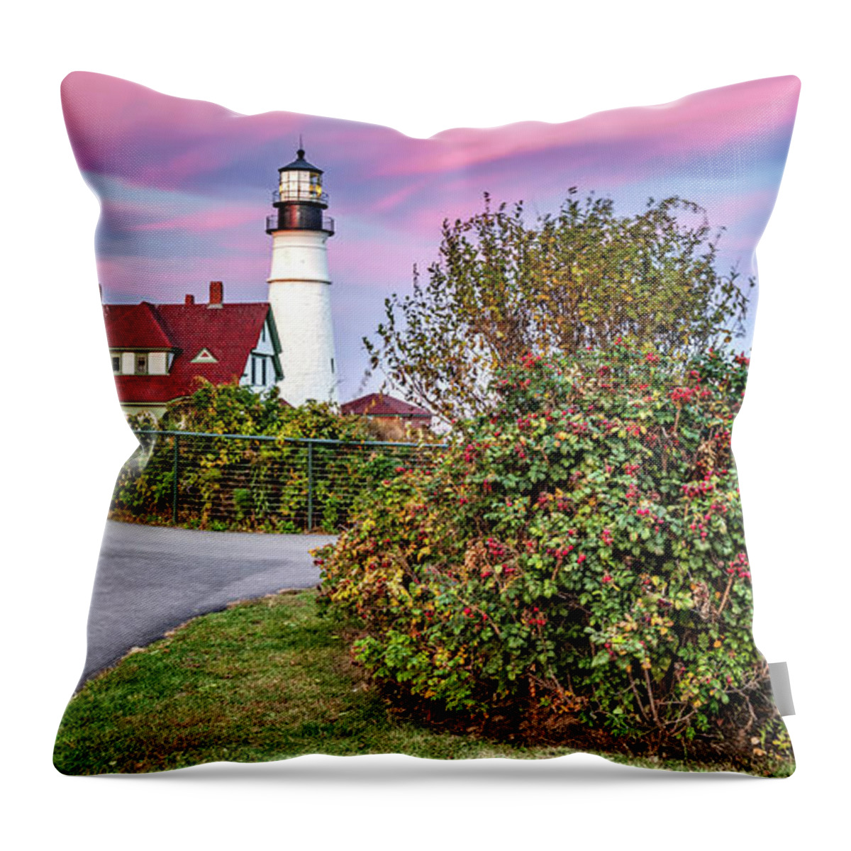 America Throw Pillow featuring the photograph Portland Head Light Sunset - Cape Elizabeth Maine Panorama by Gregory Ballos