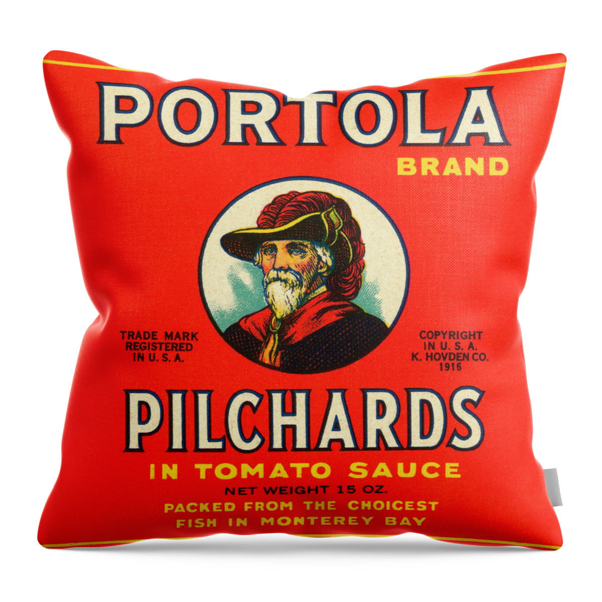 Vintage Throw Pillow featuring the drawing Portola Brand Pilchards by Vintage Food Labels