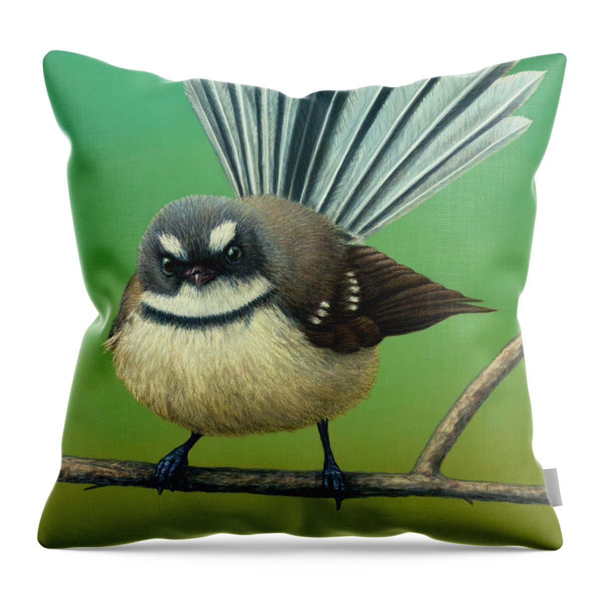 New Zealand Throw Pillow featuring the painting Portrait of a New Zealand Fantail by James W Johnson