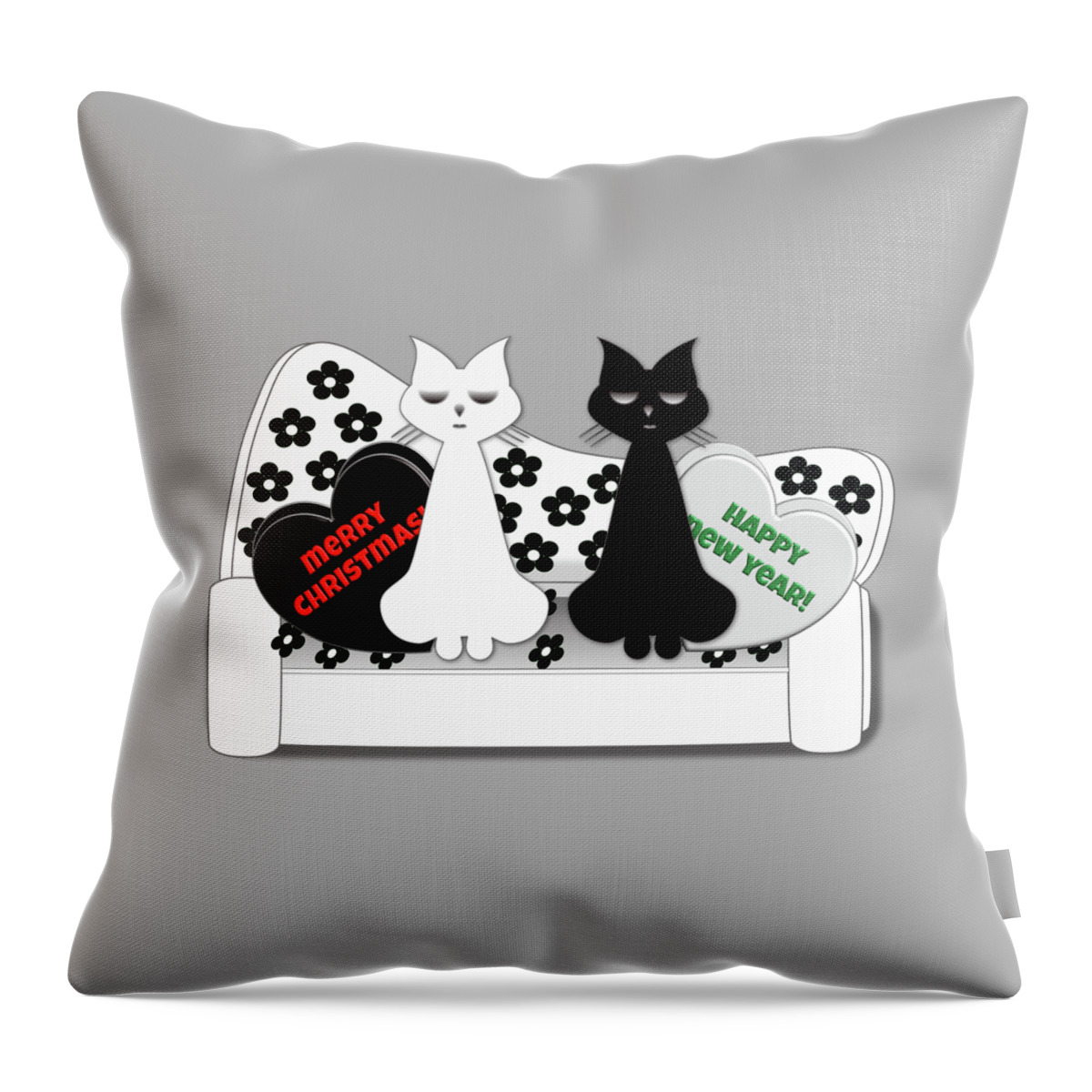 Christmas Throw Pillow featuring the digital art Christmas Cats Black and White Cartoon by Barefoot Bodeez Art
