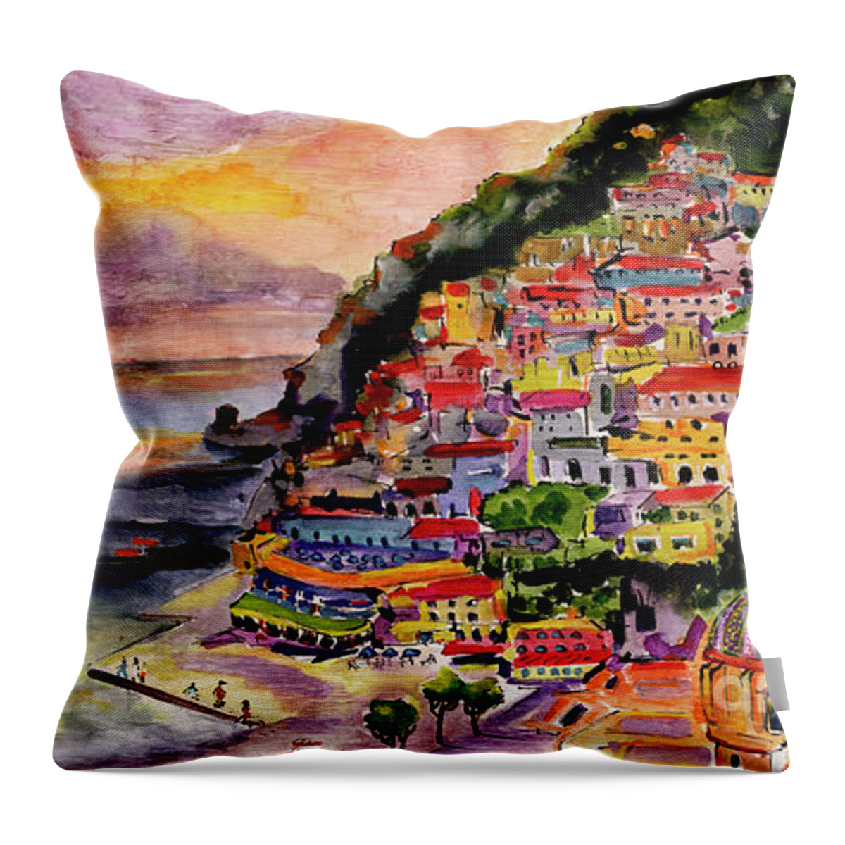 Paintings Of Italy Throw Pillow featuring the painting Positano Italy Amalfi Coast Panorama 2 by Ginette Callaway
