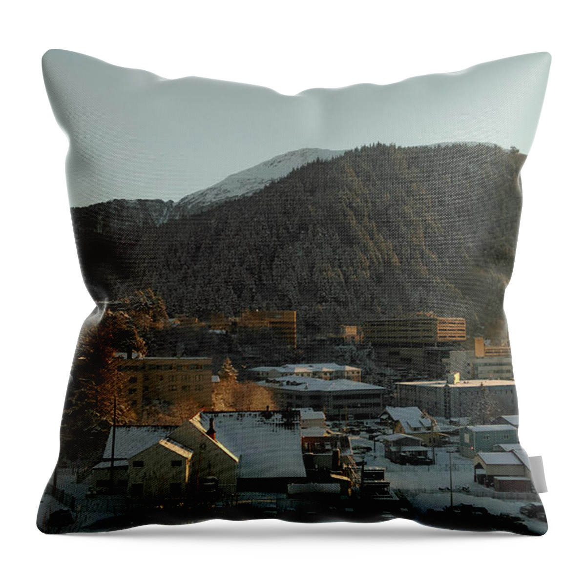 #juneau #alaska #ak #winter #cold #capitalcity #snow #postcard #downtownjuneau #vacation #morning #dawn Throw Pillow featuring the photograph Postcard Capital by Charles Vice