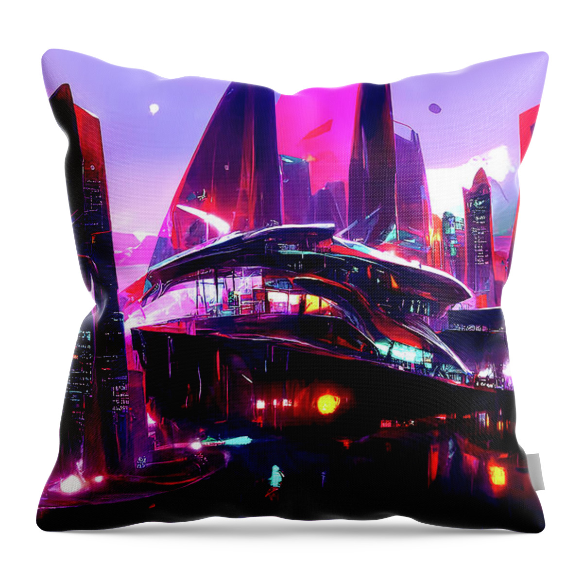 Cyberpunk Throw Pillow featuring the painting Postcards from the Future - Neon City, 07 by AM FineArtPrints