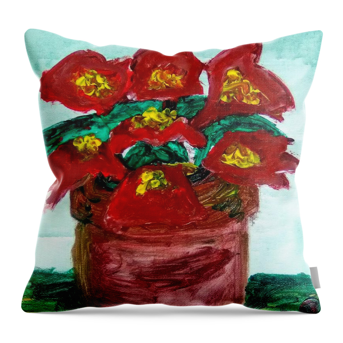 Poinsettias Throw Pillow featuring the painting Potted Poinsettias by Andrew Blitman