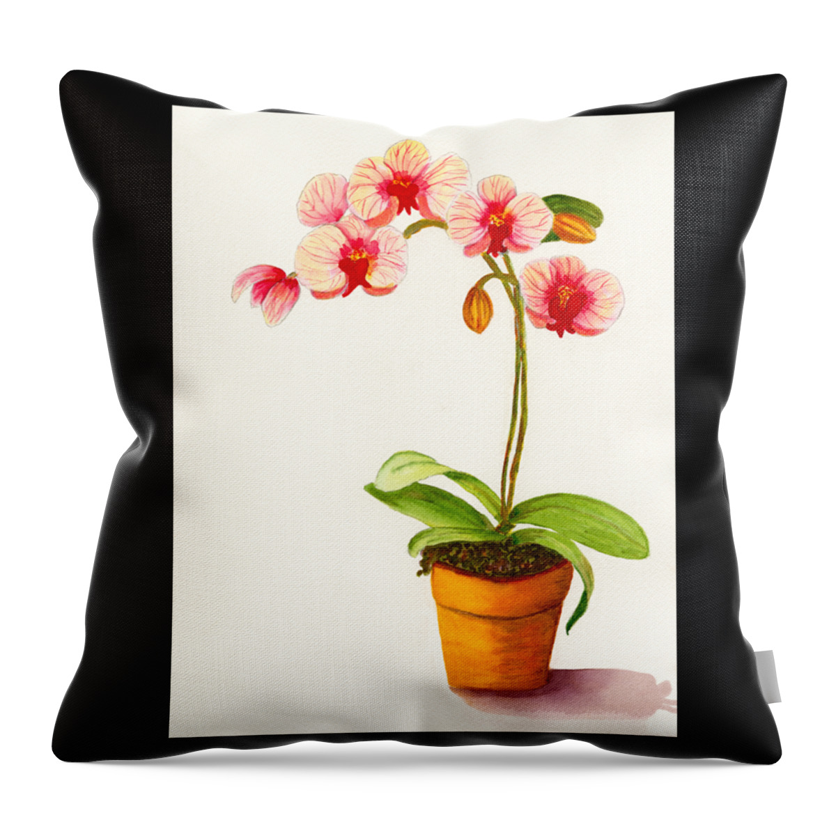 Flower Throw Pillow featuring the painting Potted Red And White Phalaenopsis Orchid by Deborah League