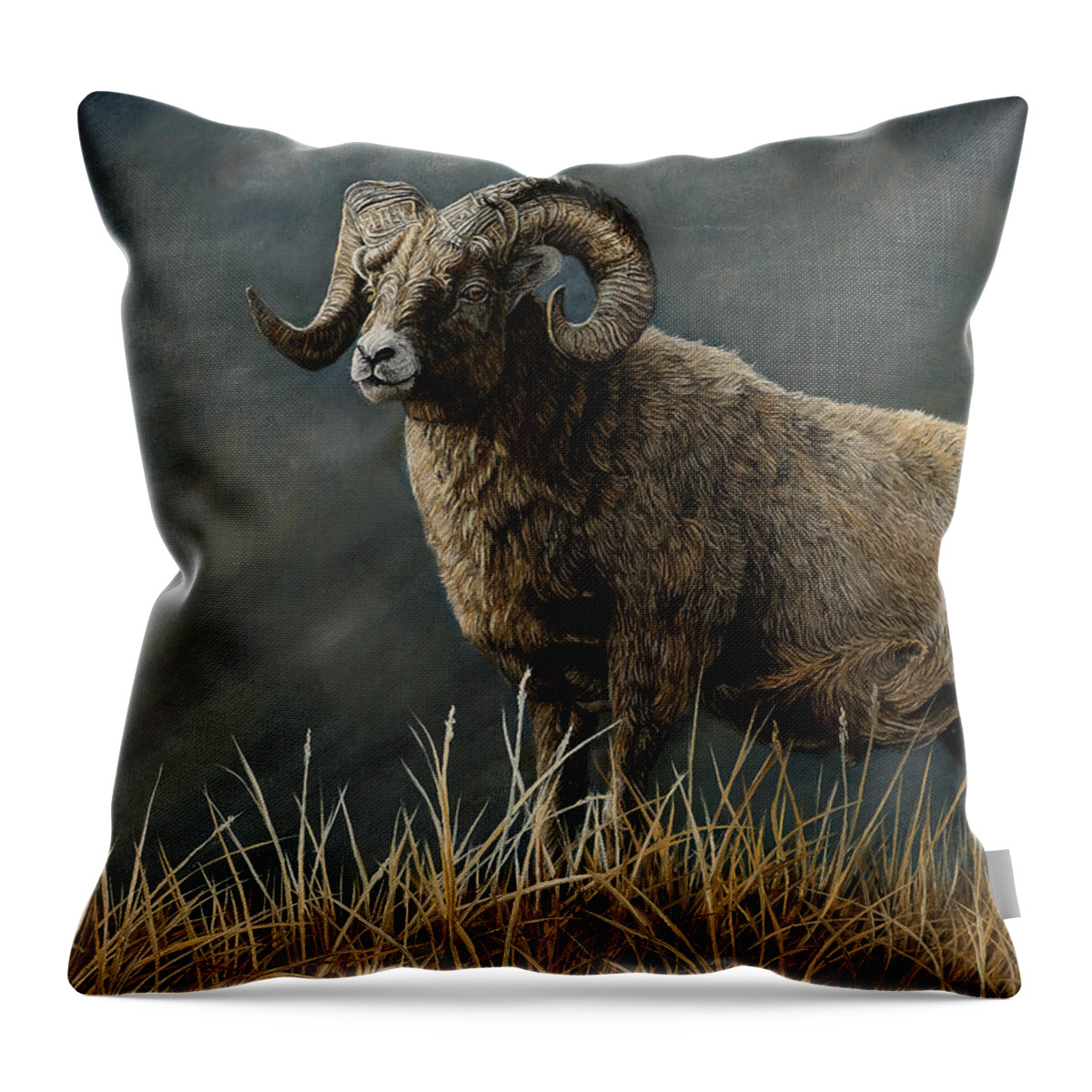 Bighorn Throw Pillow featuring the painting Powerful Force - Bighorn Sheep by Johanna Lerwick