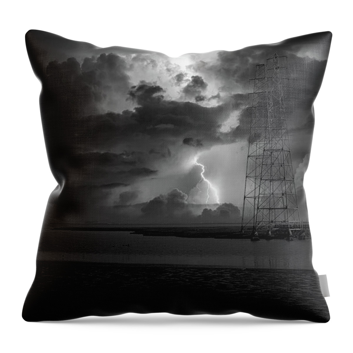 Powerlines Throw Pillow featuring the photograph Powerline Lightning Baylands California by Chuck Kuhn