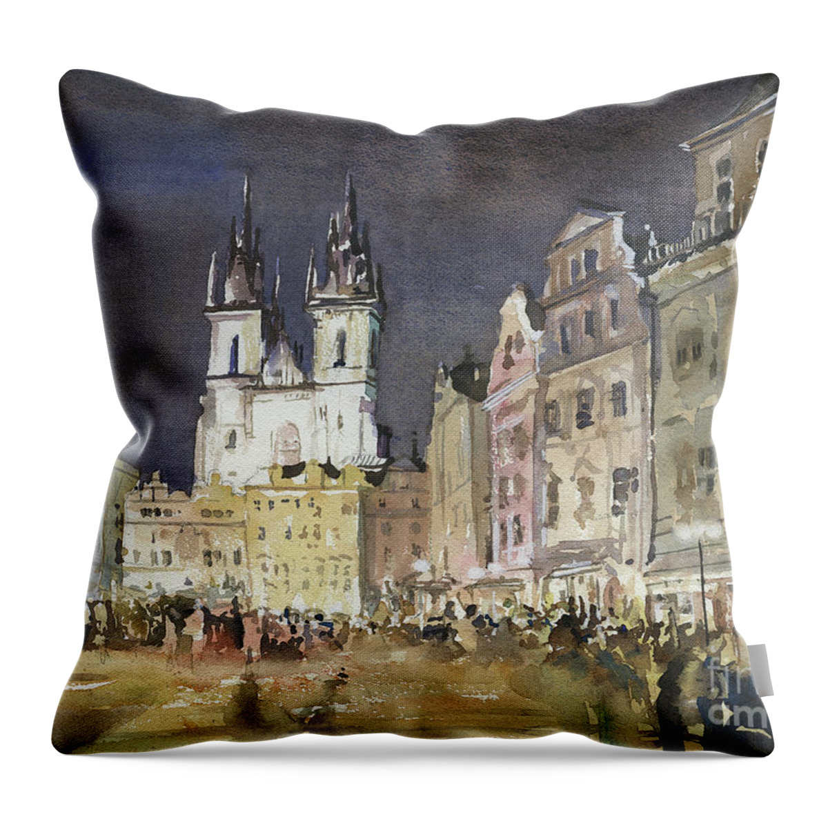 Architectecture Throw Pillow featuring the painting Prague Downtown at Night by Ryan Fox