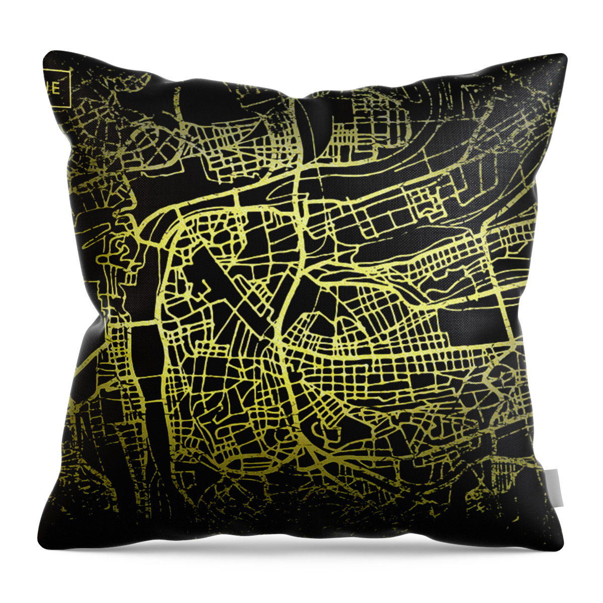Map Throw Pillow featuring the digital art Prague Map in Gold and Black by Sambel Pedes