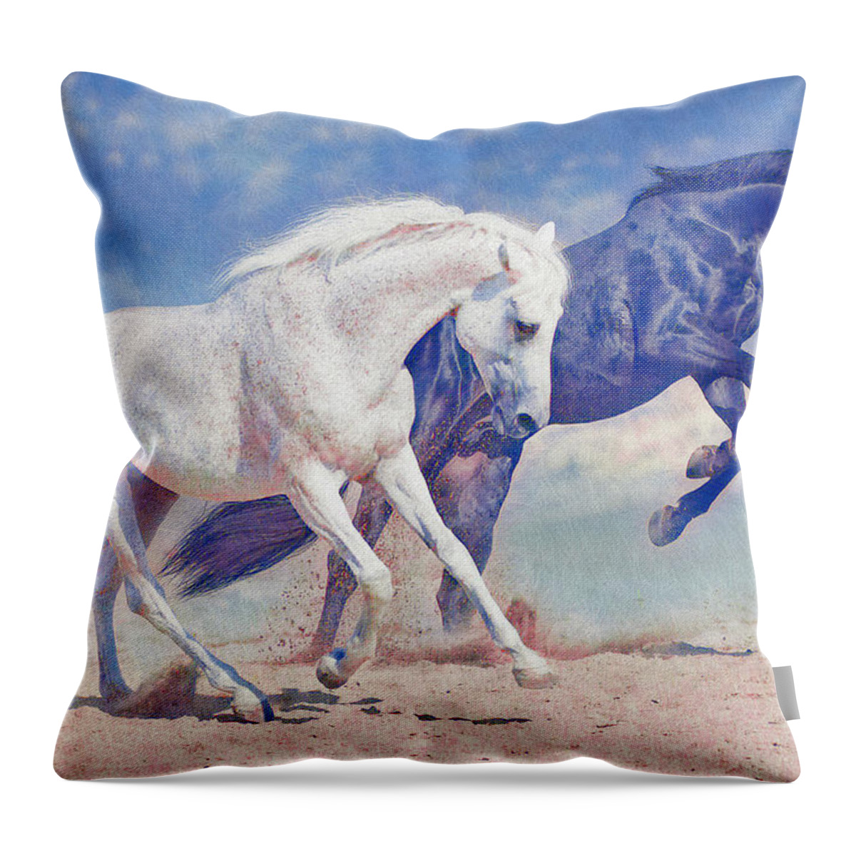 Two Horses Throw Pillow featuring the digital art Prancing Horses - blue by Steve Ladner