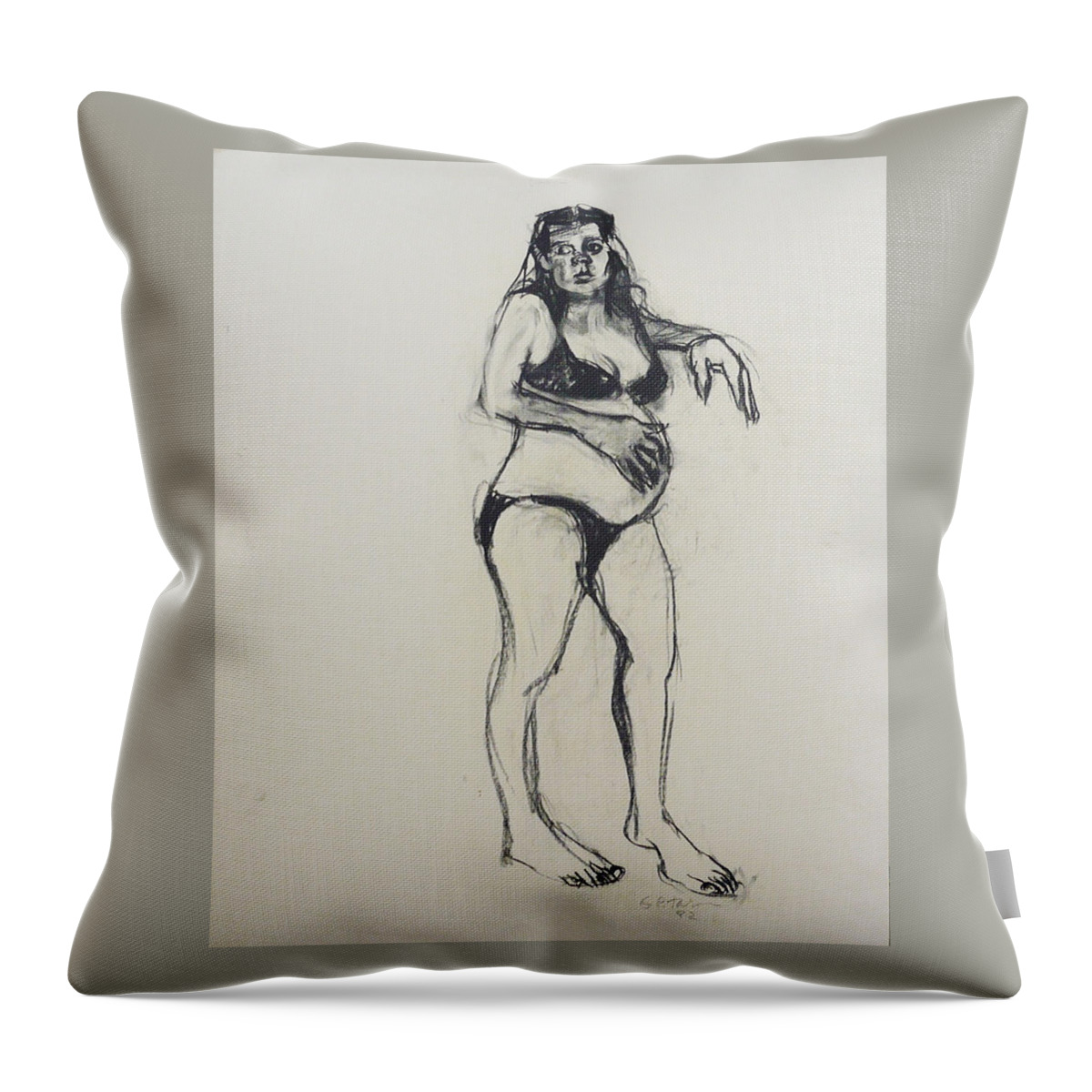 Pregnant Woman Throw Pillow featuring the drawing Pregnant Woman in Bathing Suit by Galya Tarmu