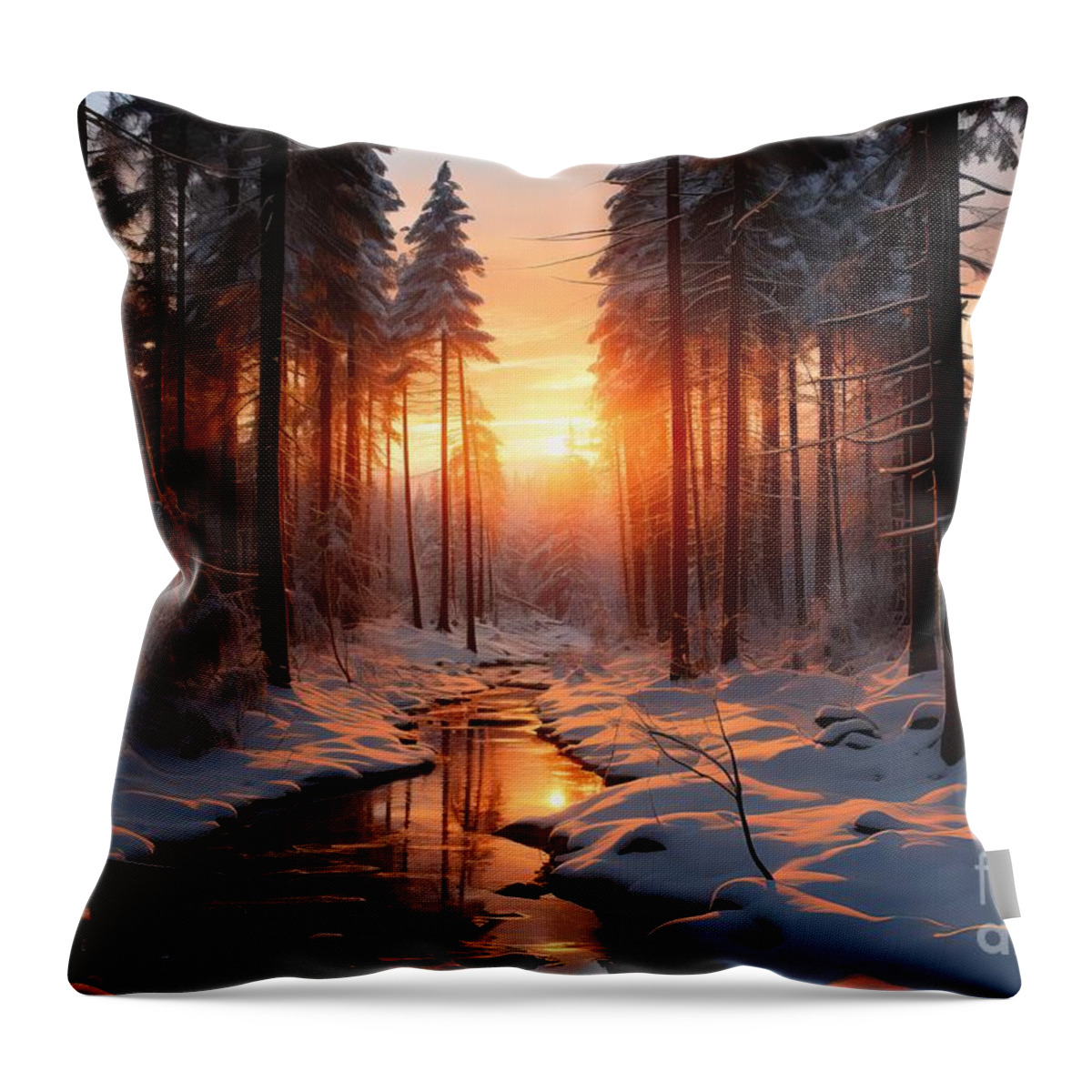 Snow Throw Pillow featuring the painting premium Sunset in the wood in winter period by N Akkash