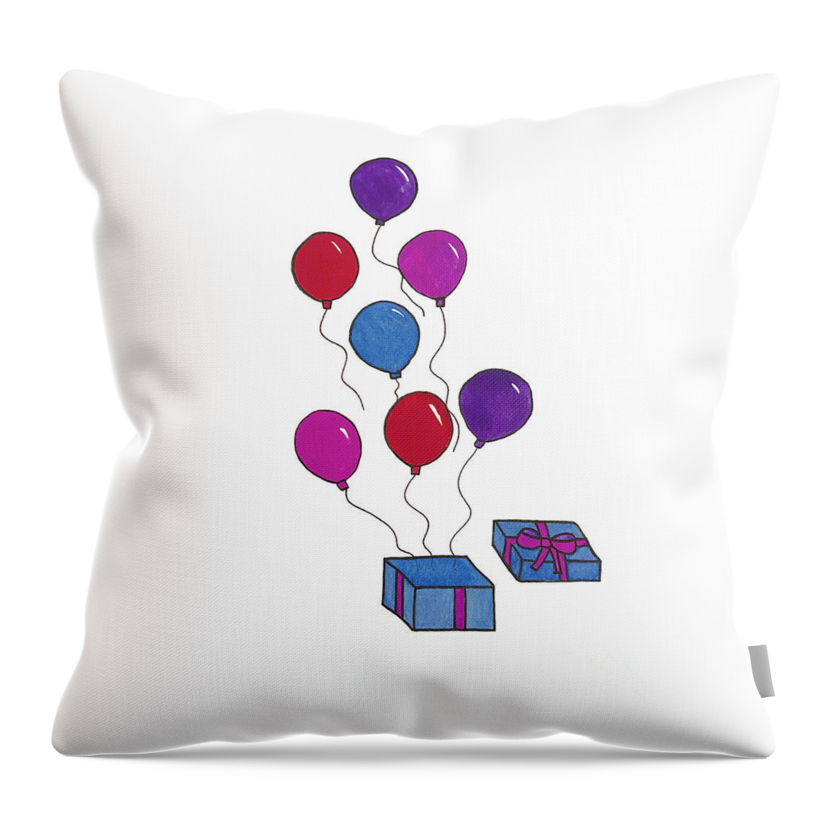 Birthday Throw Pillow featuring the mixed media Present and Balloons by Lisa Neuman