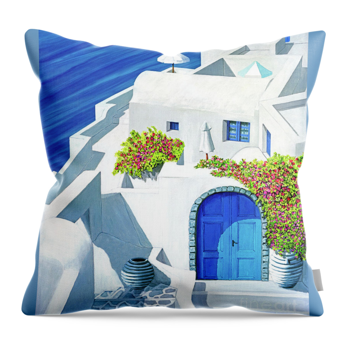 Santorini Throw Pillow featuring the painting Prints of SANTORINI SUN made from Oil Painting by Mary Grden