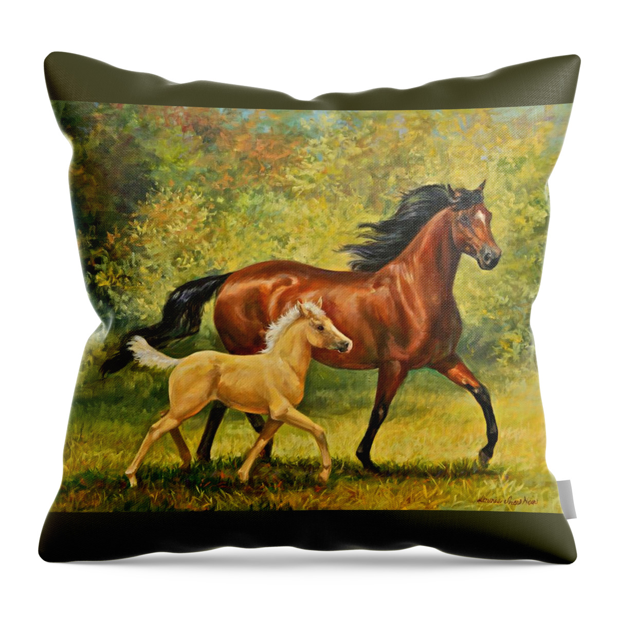Bay Horse Throw Pillow featuring the painting Proud Mama by Laurie Snow Hein