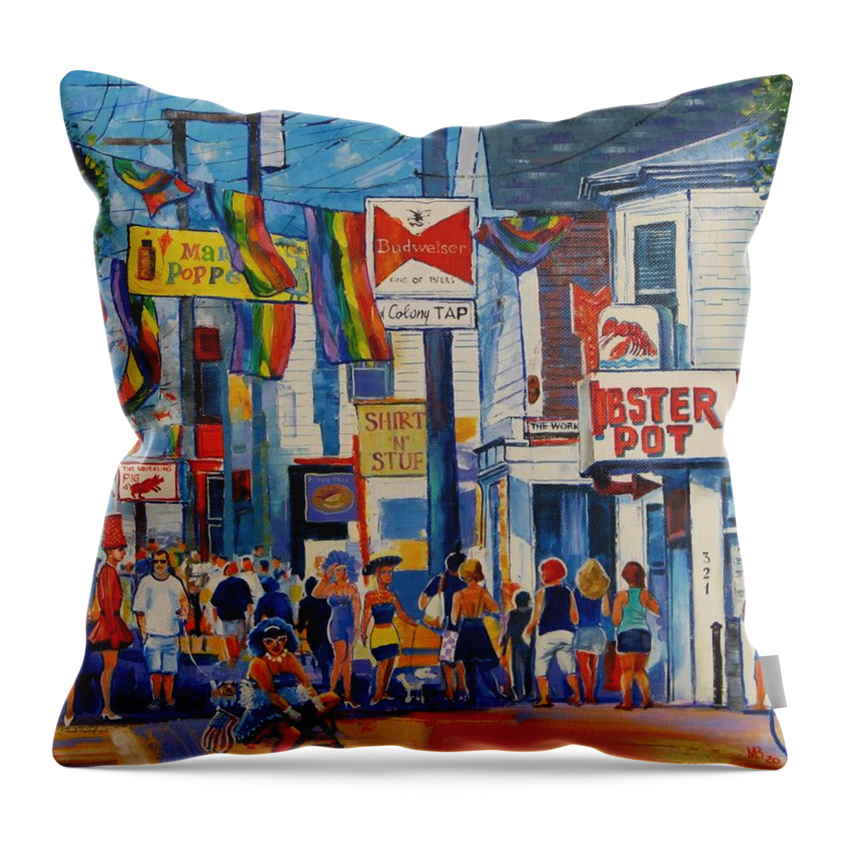 Motif Sea Atlantic Morning Harbor Bay Docks Maine Warf Massachusetts Cape Cod Bar Rockport Glouchester New England Americana Geometric Fisherman Fish Lobster Throw Pillow featuring the painting  Provincetown , Commercial street by Mikhail Zarovny