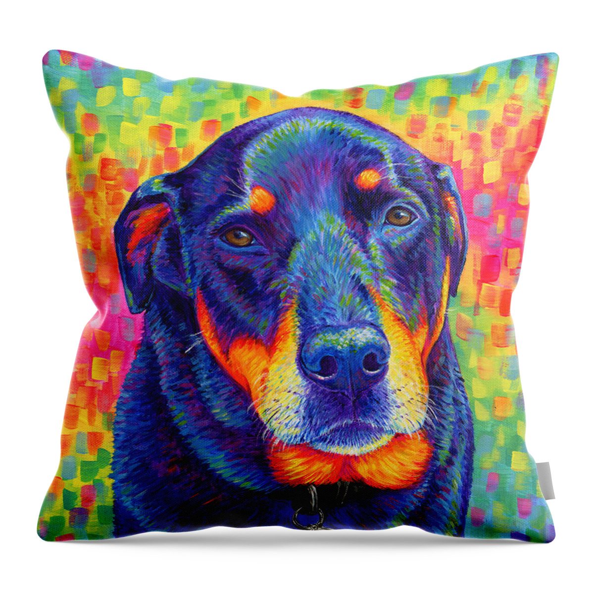 Rottweiler Throw Pillow featuring the painting Psychedelic Rainbow Rottweiler by Rebecca Wang