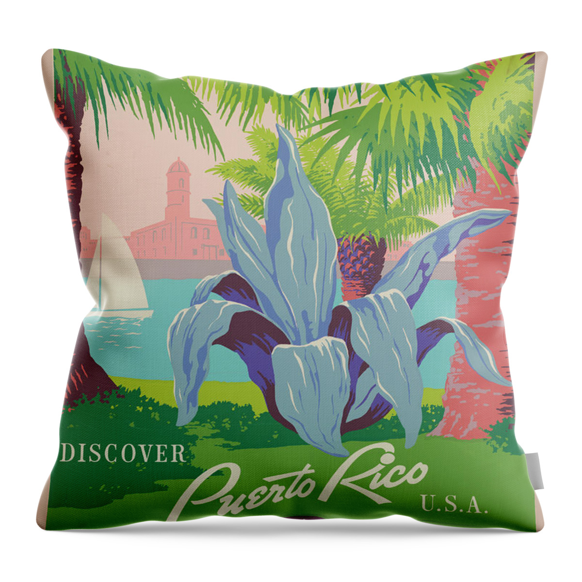 Vintage Throw Pillow featuring the drawing Puerto Rico Travel Poster by Travel Poster