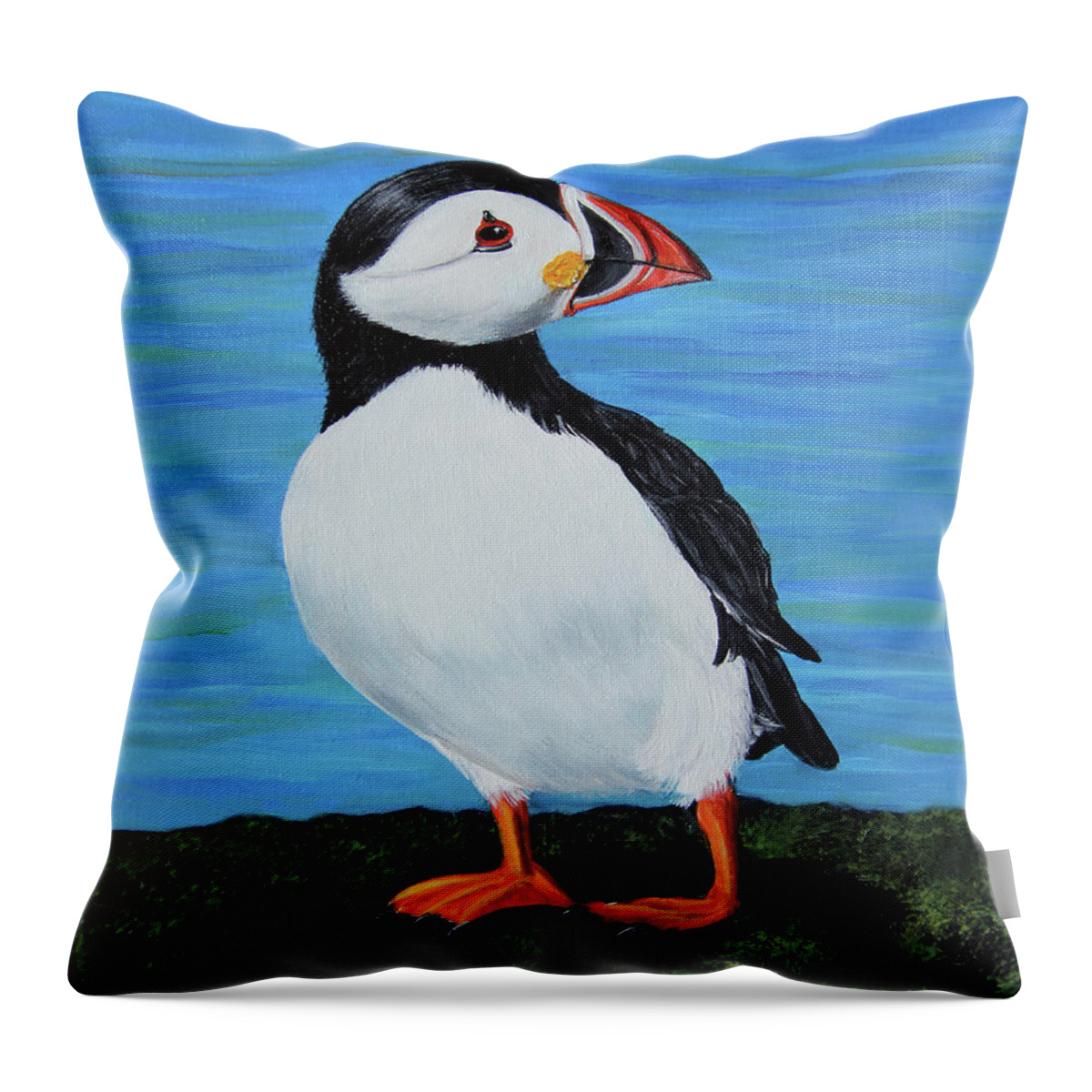 Acrylic Painting Throw Pillow featuring the painting Puffin Joy by Linda Goodman
