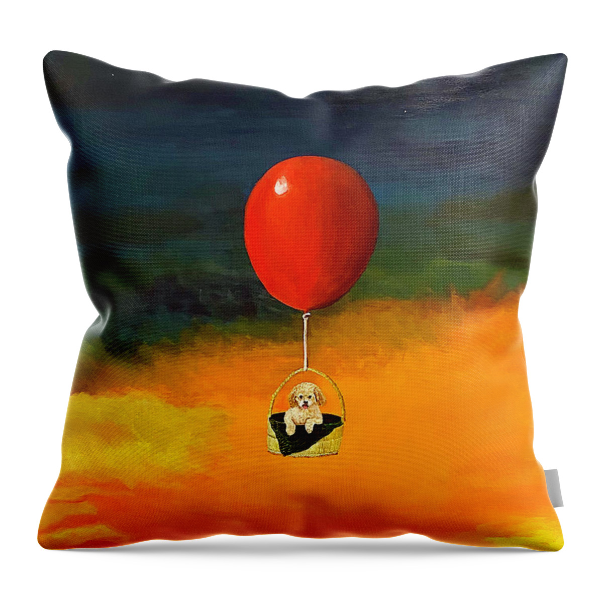 Balloon Ride Throw Pillow featuring the painting Pup, Up and Away by Thomas Blood