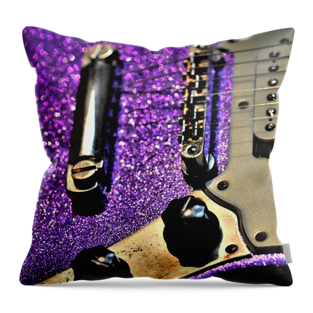 Fender Throw Pillow featuring the photograph Fender Mustang Guitar Purple Lavender Sparkle Vintage by Guitarwacky Fine Art