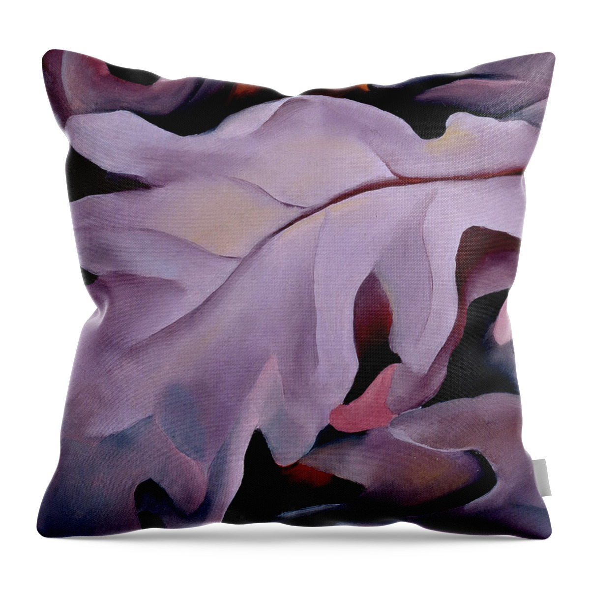 Georgia O'keeffe Throw Pillow featuring the painting Purple leaves - Abstract modernist nature painting by Georgia O'Keeffe