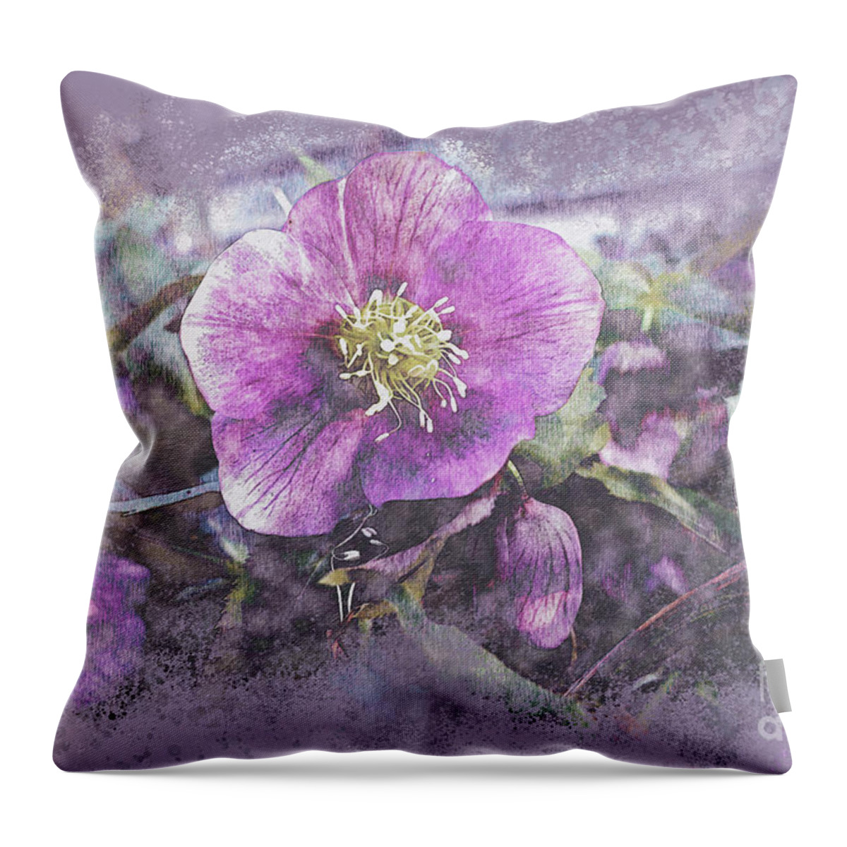 Bloom Throw Pillow featuring the mixed media Purple Lenten Rose by Bentley Davis