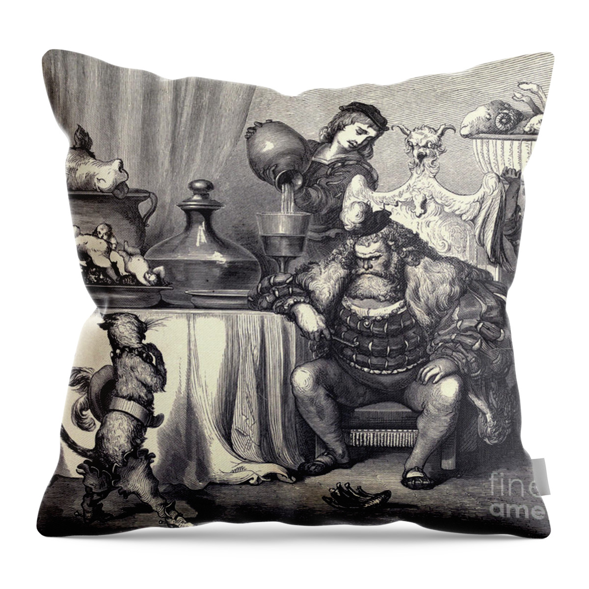 Puss In Boots Throw Pillow featuring the drawing Puss in Boots by Gustave Dore w2 by Historic illustrations