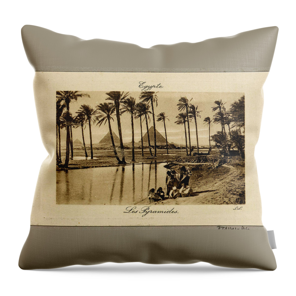 Pyramids In Egypt With An Oasis In The Foreground Throw Pillow featuring the painting Pyramids in Egypt with an oasis in the foreground, LL, c. 1900 - in or before 1910 by Artistic Rifki