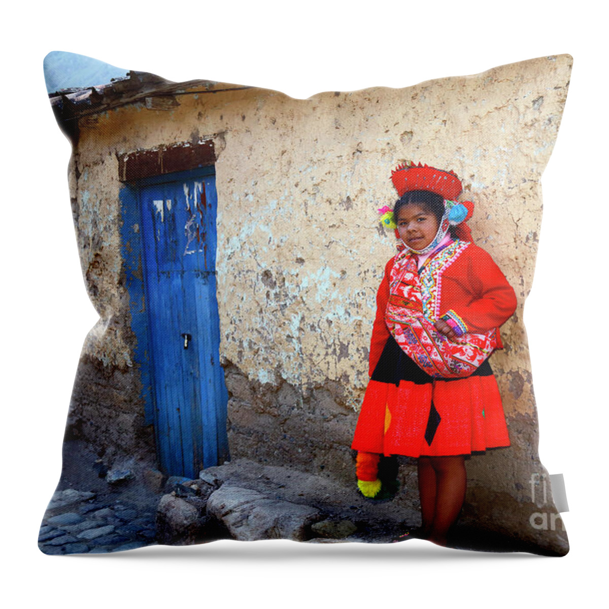 Peru Throw Pillow featuring the photograph Quechua Girl in Ollantaytambo Peru by James Brunker