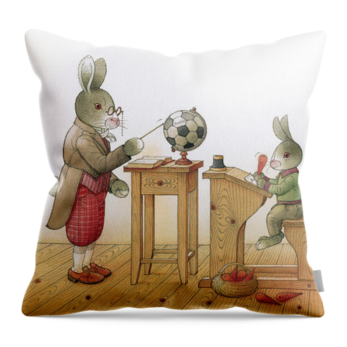 Rabbit School Class Education Reading Teacher Throw Pillow featuring the drawing Rabbit school 02 by Kestutis Kasparavicius