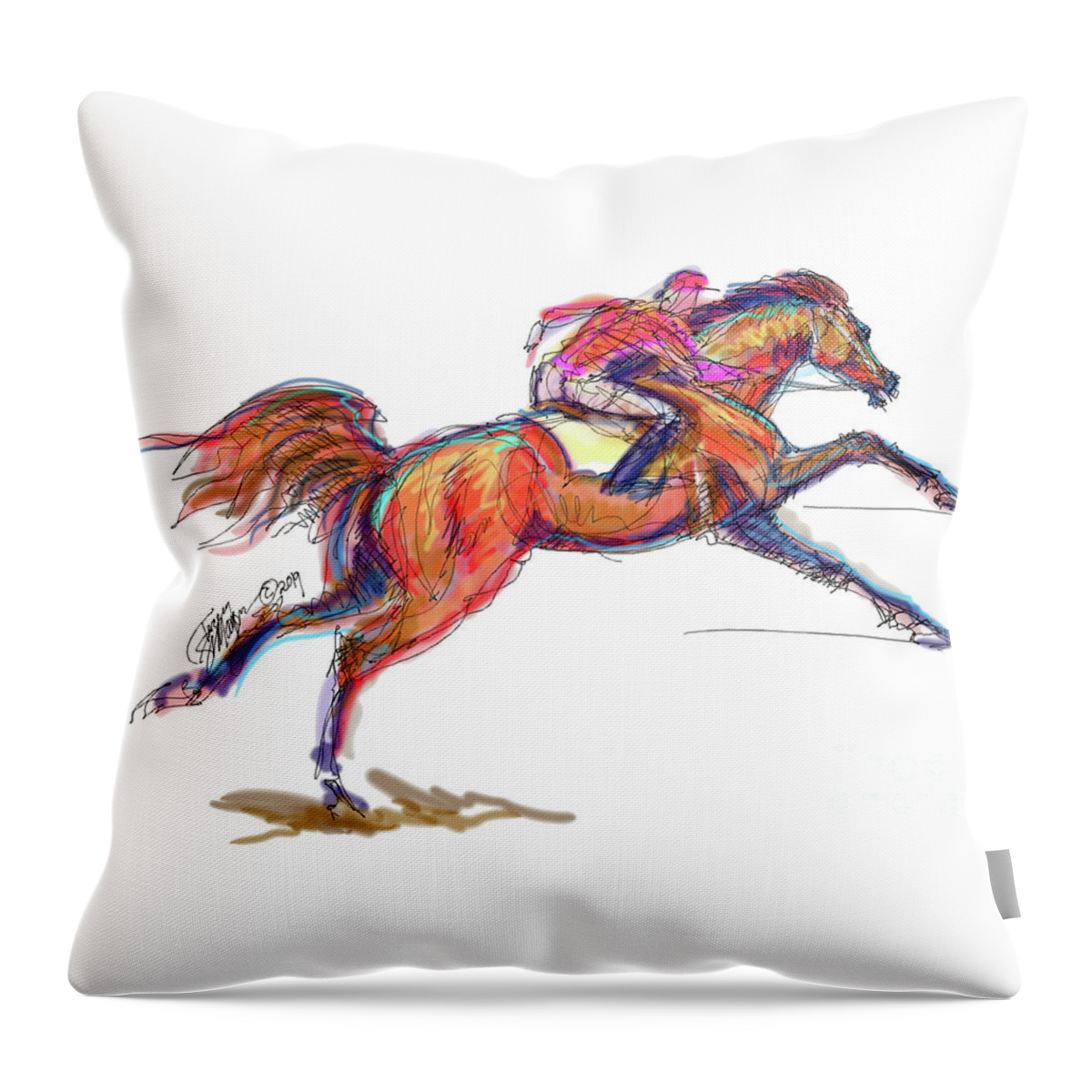 Thoroughbreds; Racehorses; Racing; Horse Race; Jockey; Degas; Contemporary Art; Contemporary Equine Art; Modern Equine Art; Equine Art Cards; Equine Art Gifts; Racehorse Gifts; Race Horse Mugs Throw Pillow featuring the digital art Race Horse for Julie June Stewart by Stacey Mayer