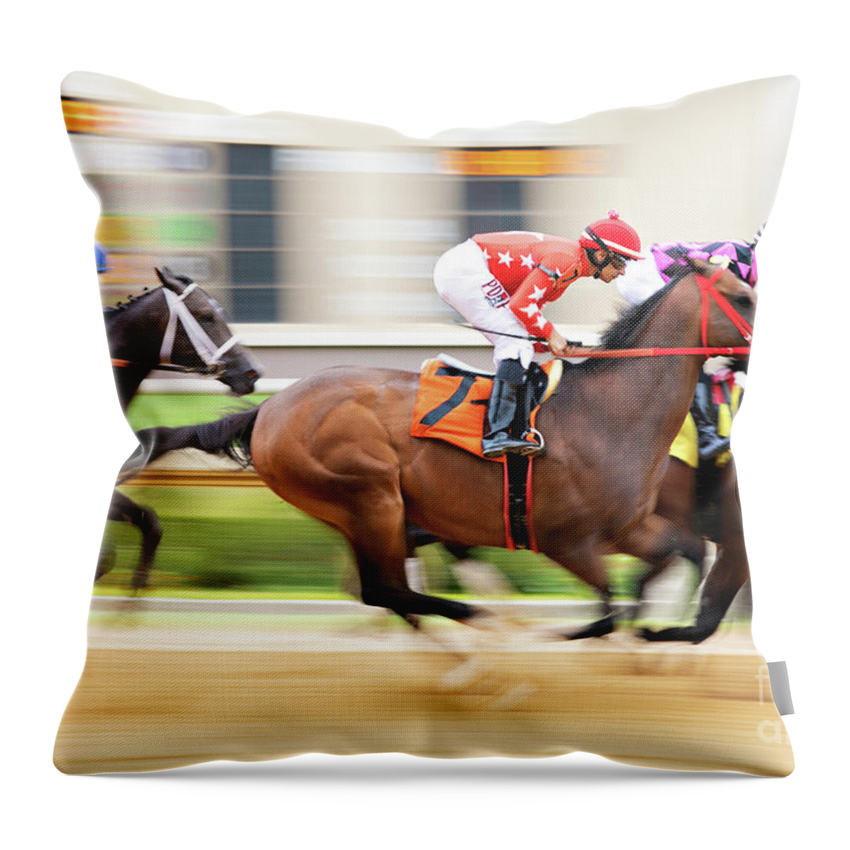 Race Throw Pillow featuring the photograph Racehorse Blurr by Terri Cage