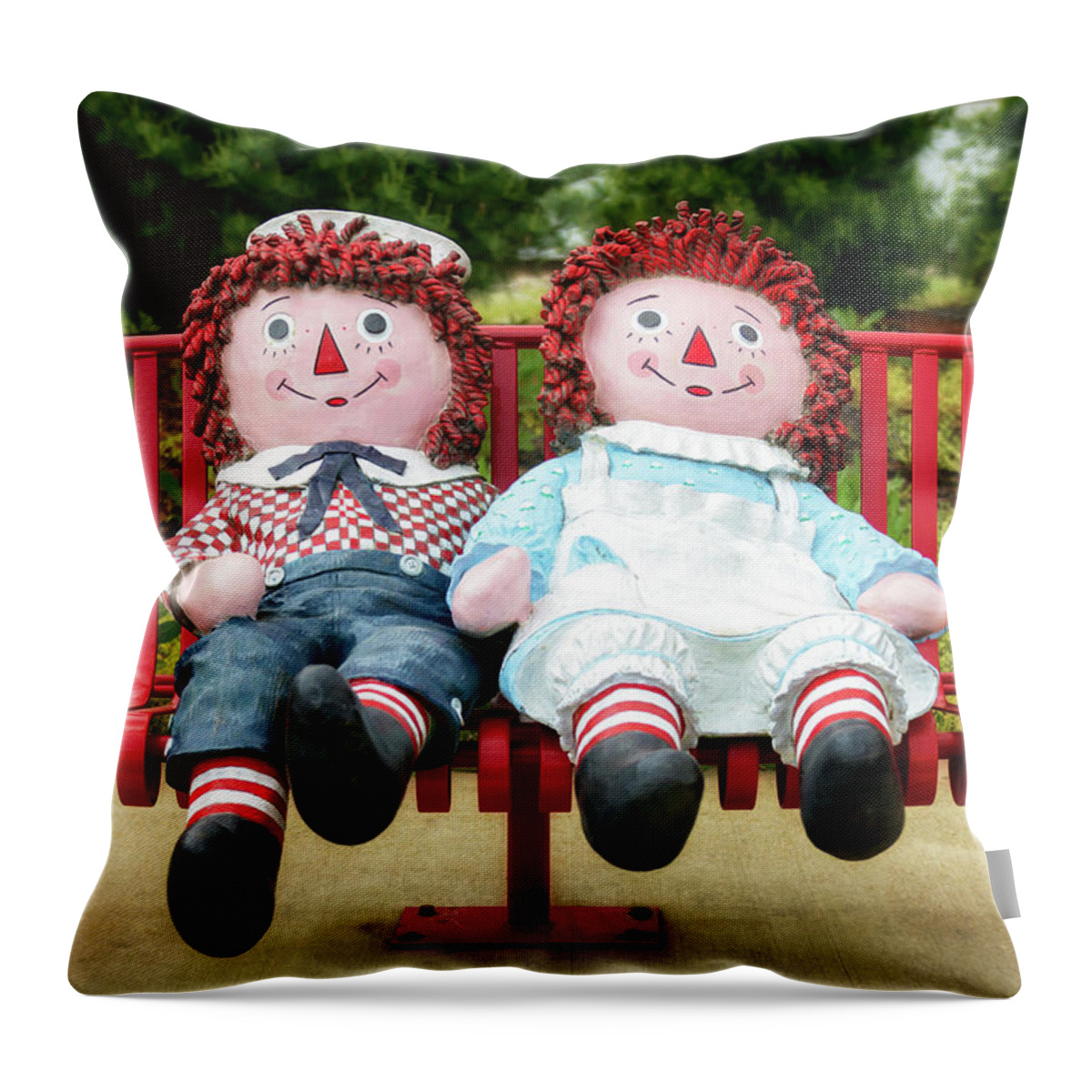 Dolls Throw Pillow featuring the photograph Raggedy Ann and Andy - Arcola, IL by Susan Rissi Tregoning