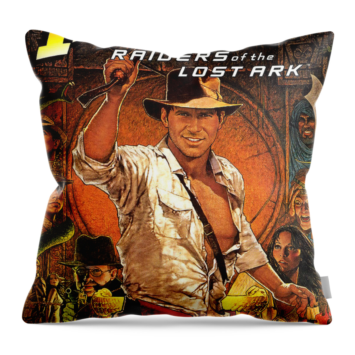 Synopsis Throw Pillow featuring the mixed media ''Raiders of the Lost Ark'', 1981 - art by Richard Amsel by Movie World Posters