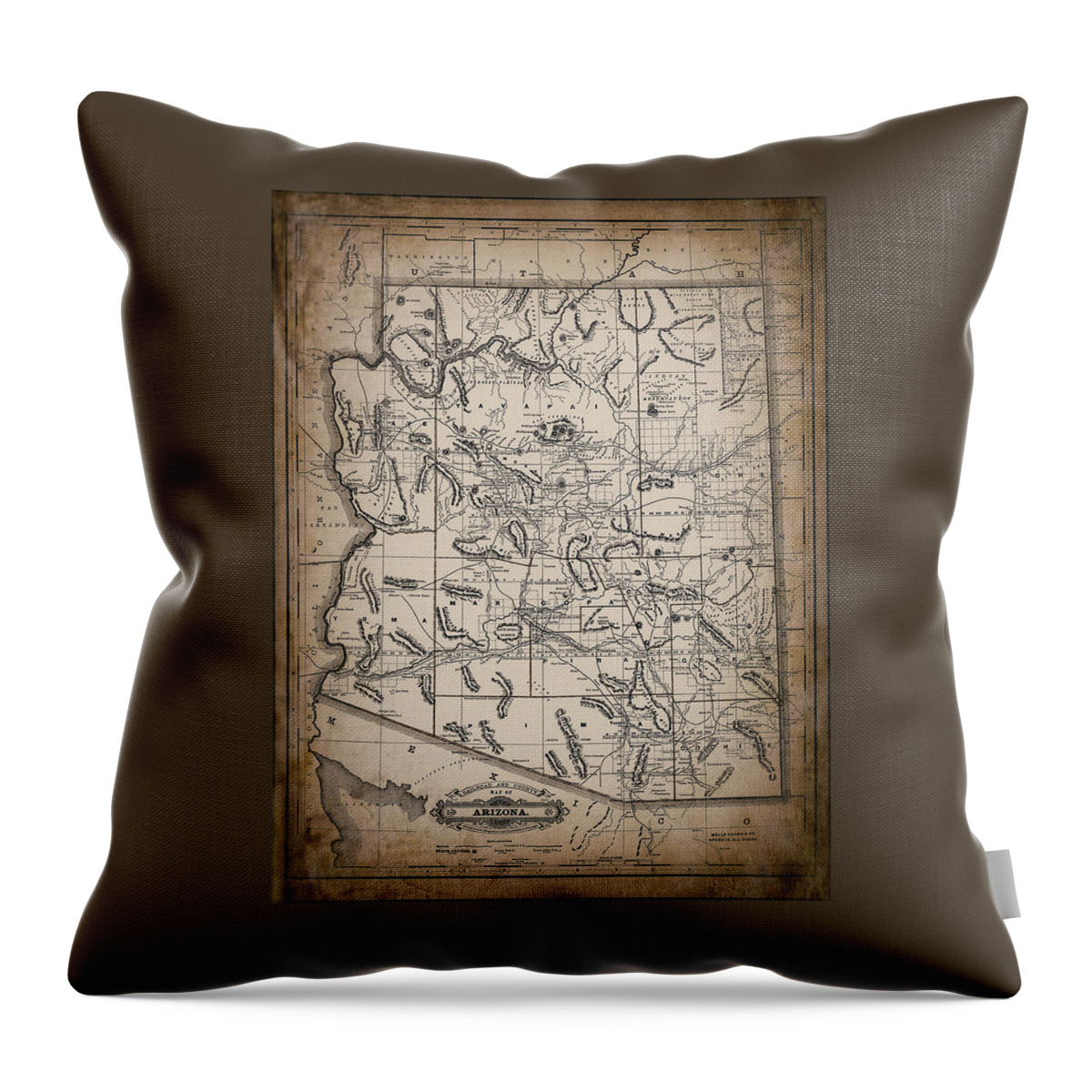 Arizona Throw Pillow featuring the photograph Railroad and County Map of Arizona 1887 Sepia by Carol Japp