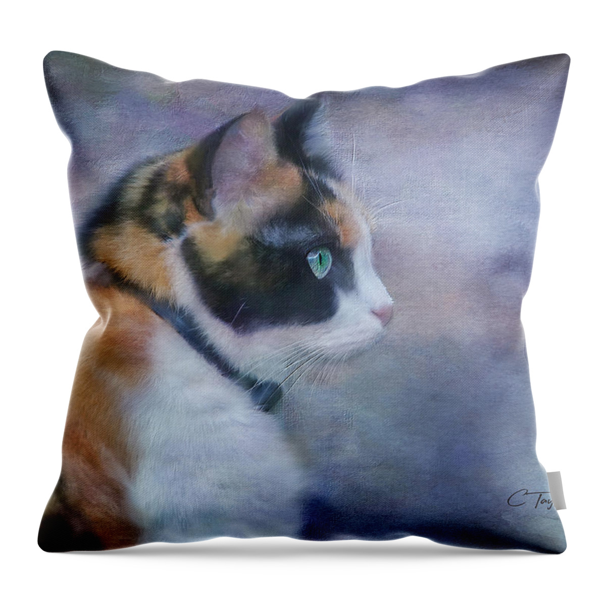Cats Throw Pillow featuring the mixed media The Calico Staredown #1 by Colleen Taylor