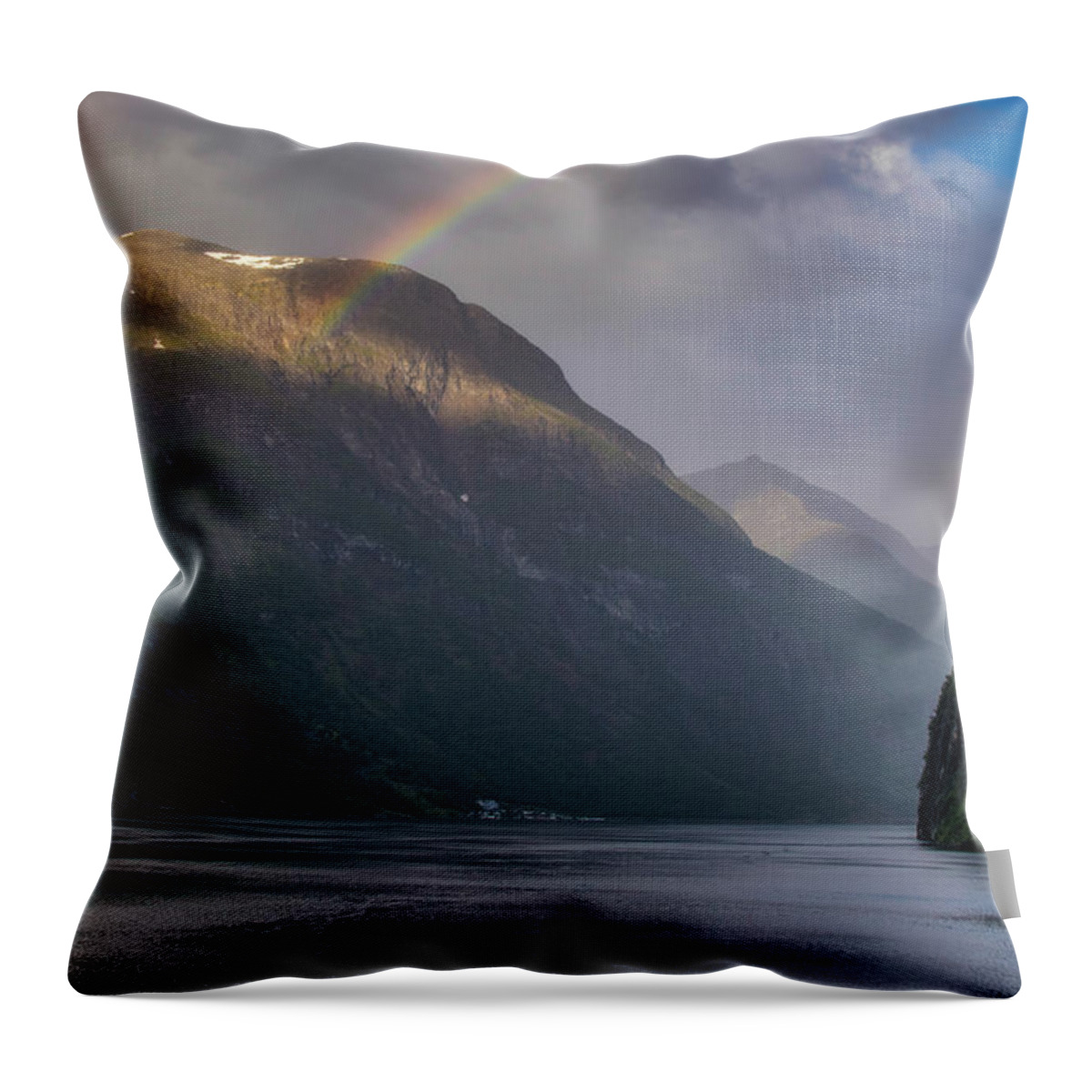 Clouds Throw Pillow featuring the photograph Rainbow on the Fjord by Matthew DeGrushe