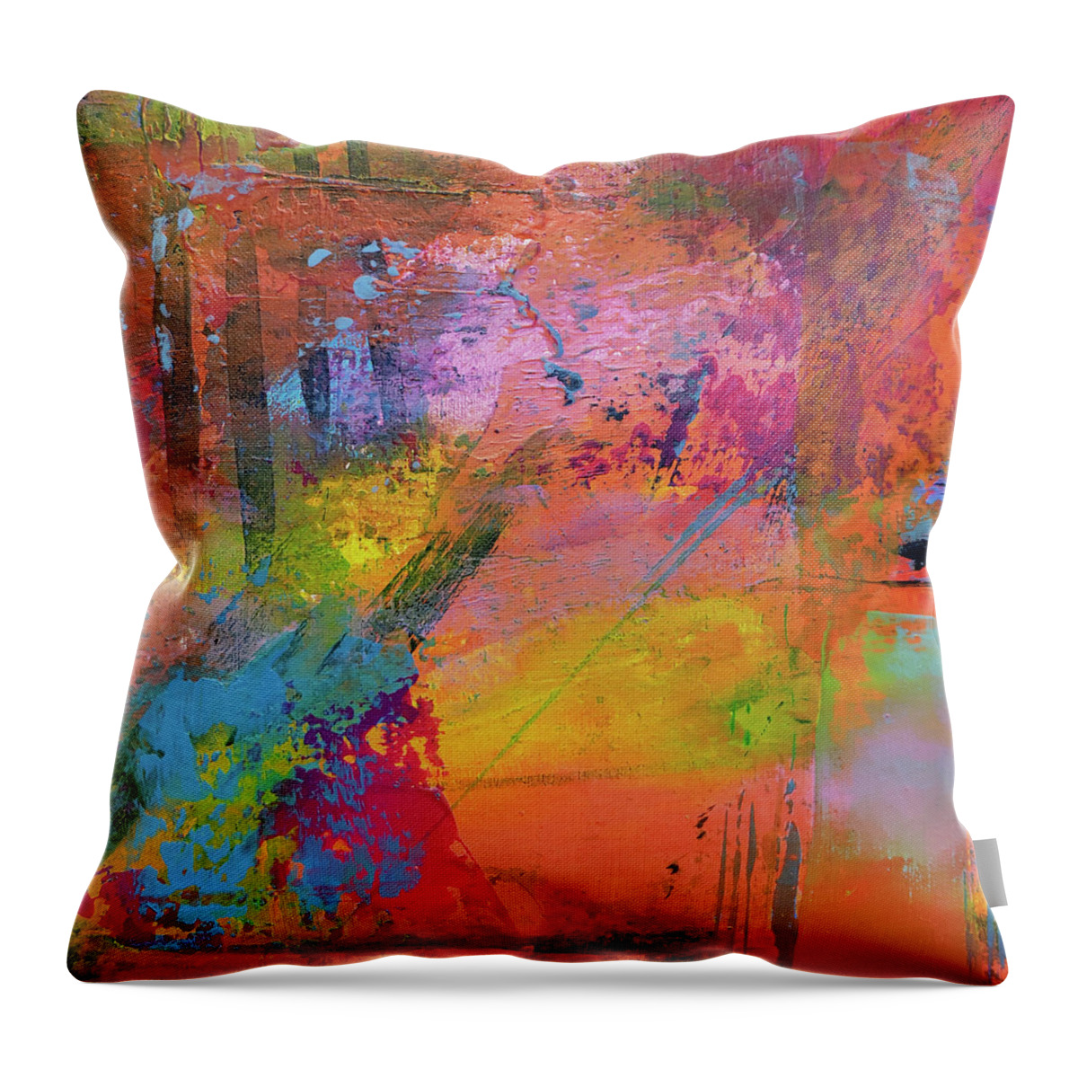 Bright Throw Pillow featuring the painting RAINFOREST AT SUNSET Colorful Abstract Painting Red Yellow Orange Blue by Lynnie Lang