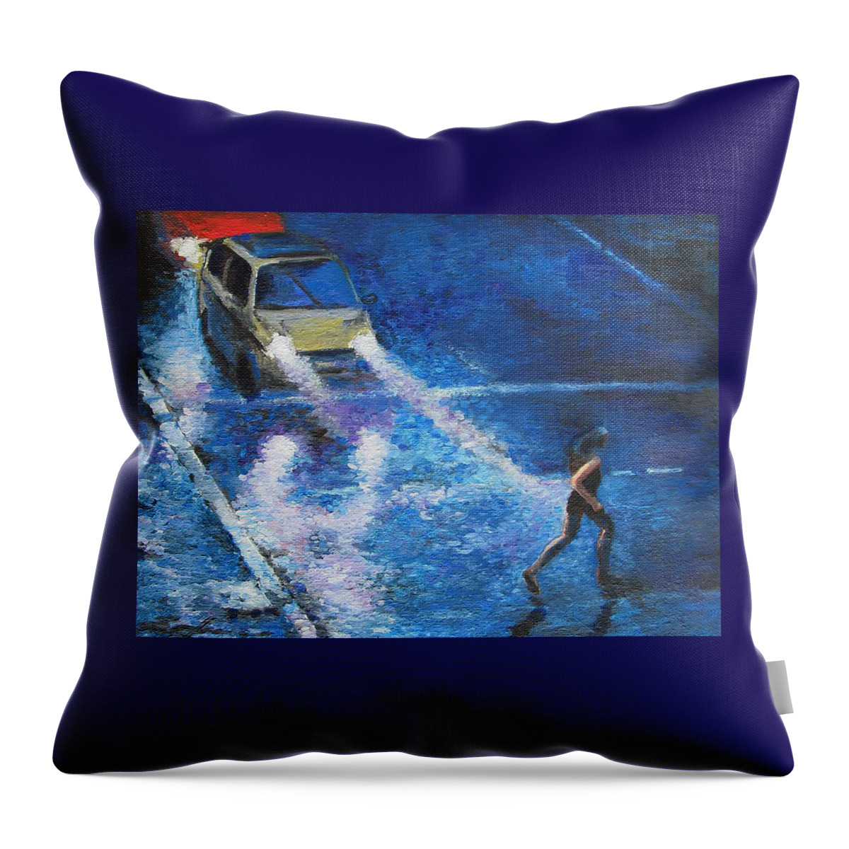 Jogger Throw Pillow featuring the painting Rainy Night Runner by Dan Haraga
