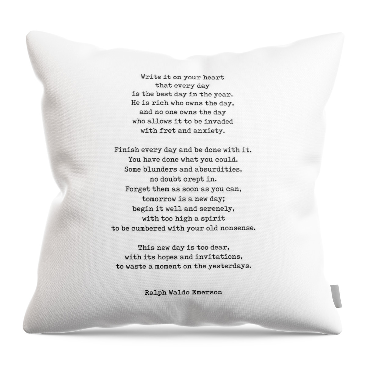 Ralph Waldo Emerson Throw Pillow featuring the digital art Ralph Waldo Emerson Quote - He is rich who owns the day - Minimal, Black and White, Typewriter Print by Studio Grafiikka