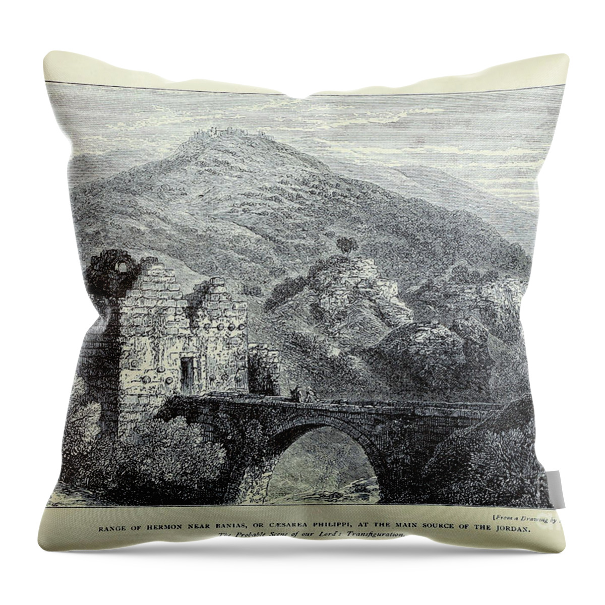 Range Throw Pillow featuring the drawing Range of Hermon Near Banias d1 by Historic illustrations