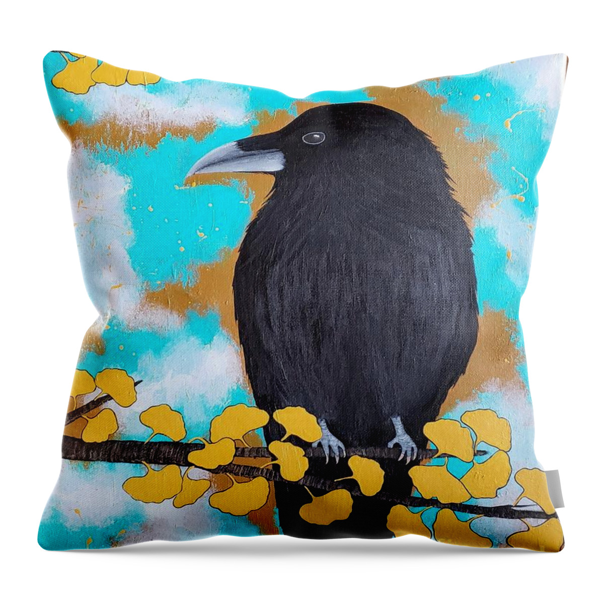 Raven Throw Pillow featuring the painting Raven in the Ginkgo Winds by Jean Fry