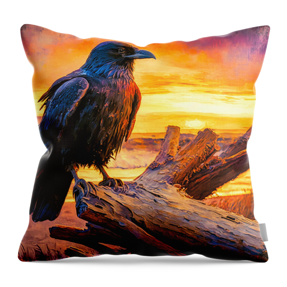 Abstract Throw Pillow featuring the digital art Raven on Driftwood by Craig Boehman