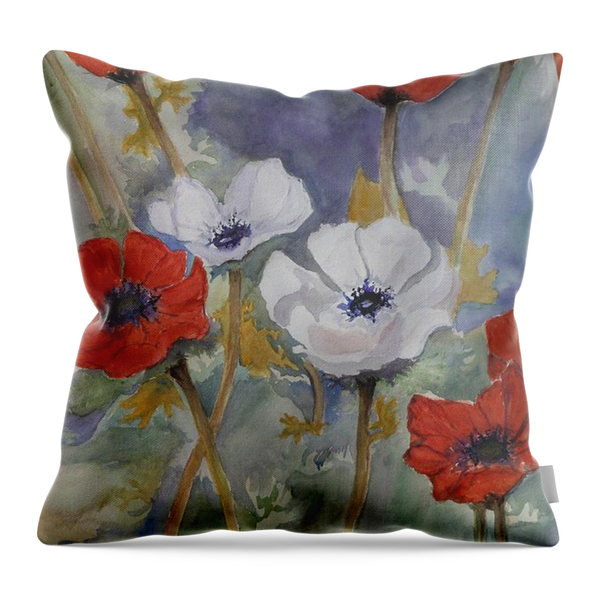 Anemone Flowers Throw Pillow featuring the painting Reaching for the Sun by Anna Jacke