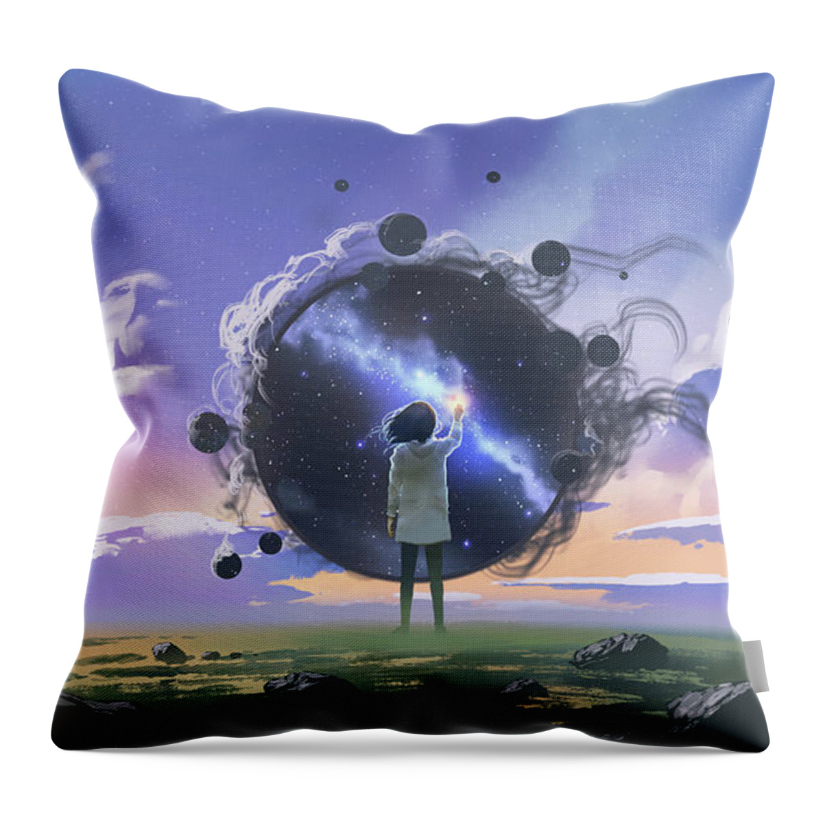 Illustration Throw Pillow featuring the painting Reaching for the tiny sun by Tithi Luadthong
