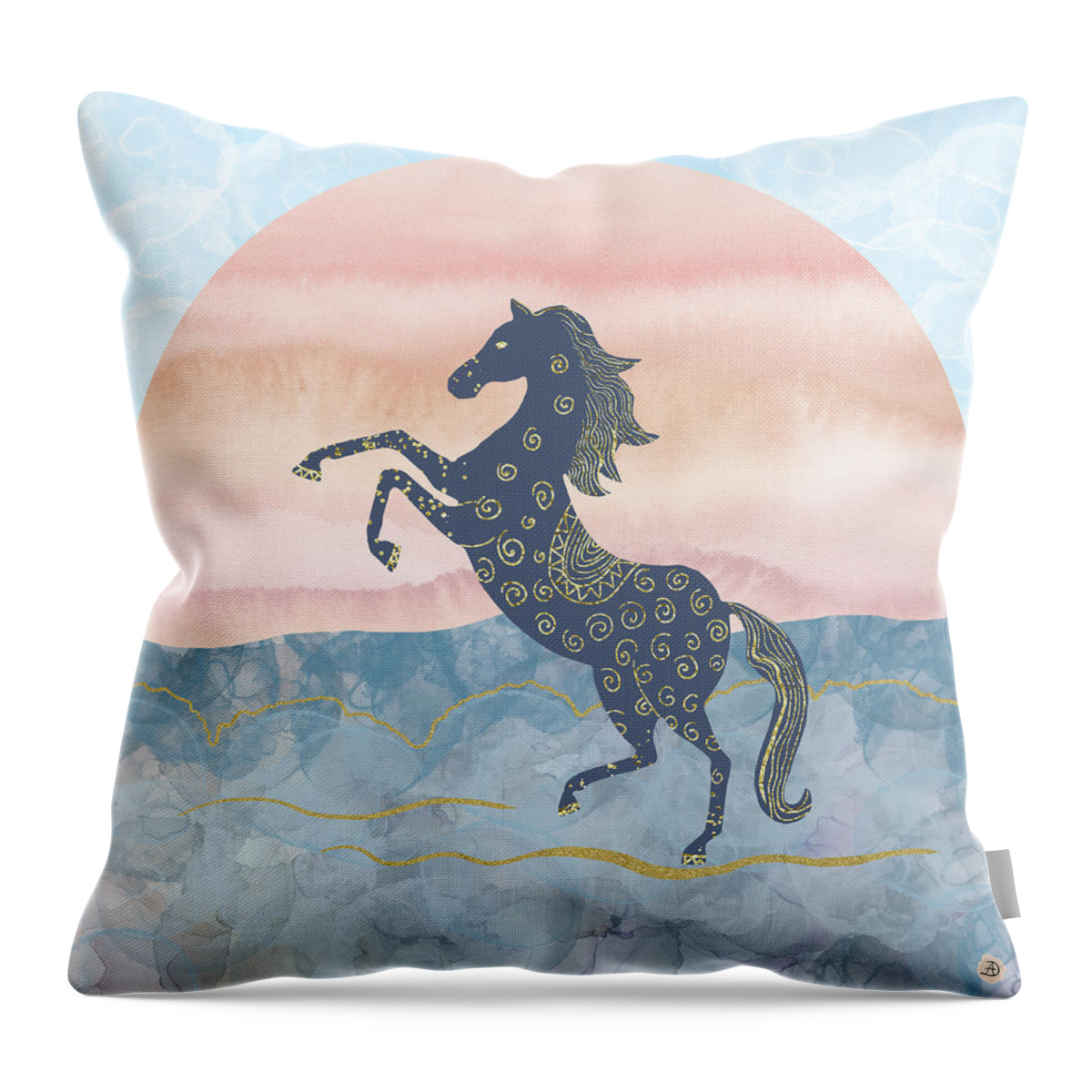 Rearing Horse Throw Pillow featuring the digital art Rearing Horse in the Morning Sun - Gold Ornamental Theme by Andreea Dumez
